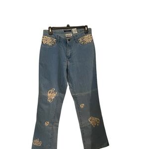 Vintage Bill Blass Embroidered Medium Wash Distressed Denim Jeans Boho Western